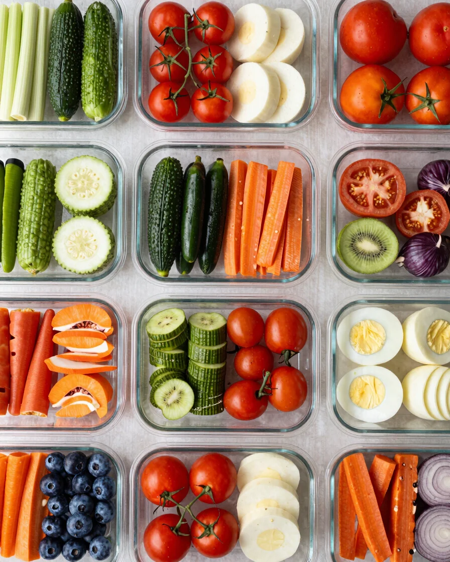 Overhead flat-lay of glass meal prep containers filled with vibrant, organised portions of UK seasonal ingredients, natu